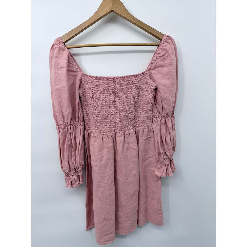 Reformation 100% Linen Long Sleeve Smocked Top Mini Dress Pink Mauve Size L